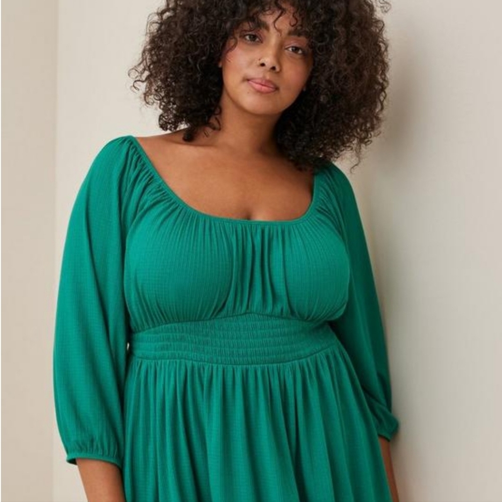 Torrid Green Textured Jersey Smocked Waist Peasant‎ Top Womens Plus Size 0